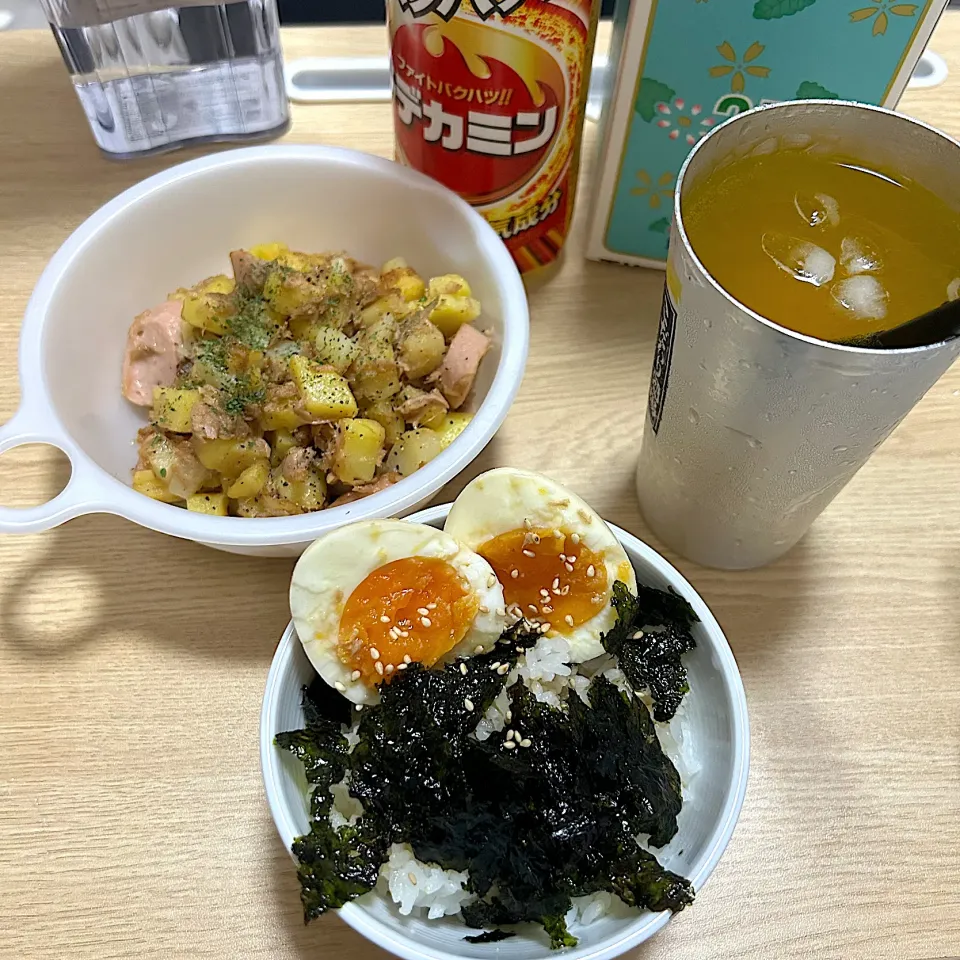 煮卵丼、じゃがいもとツナのマヨ炒め(夜)|＾＾さん