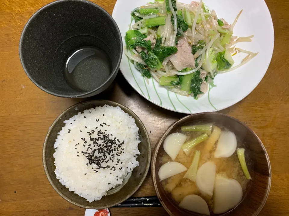 夕食　豚肉とターサイ、モヤシの炒めもの|ATさん