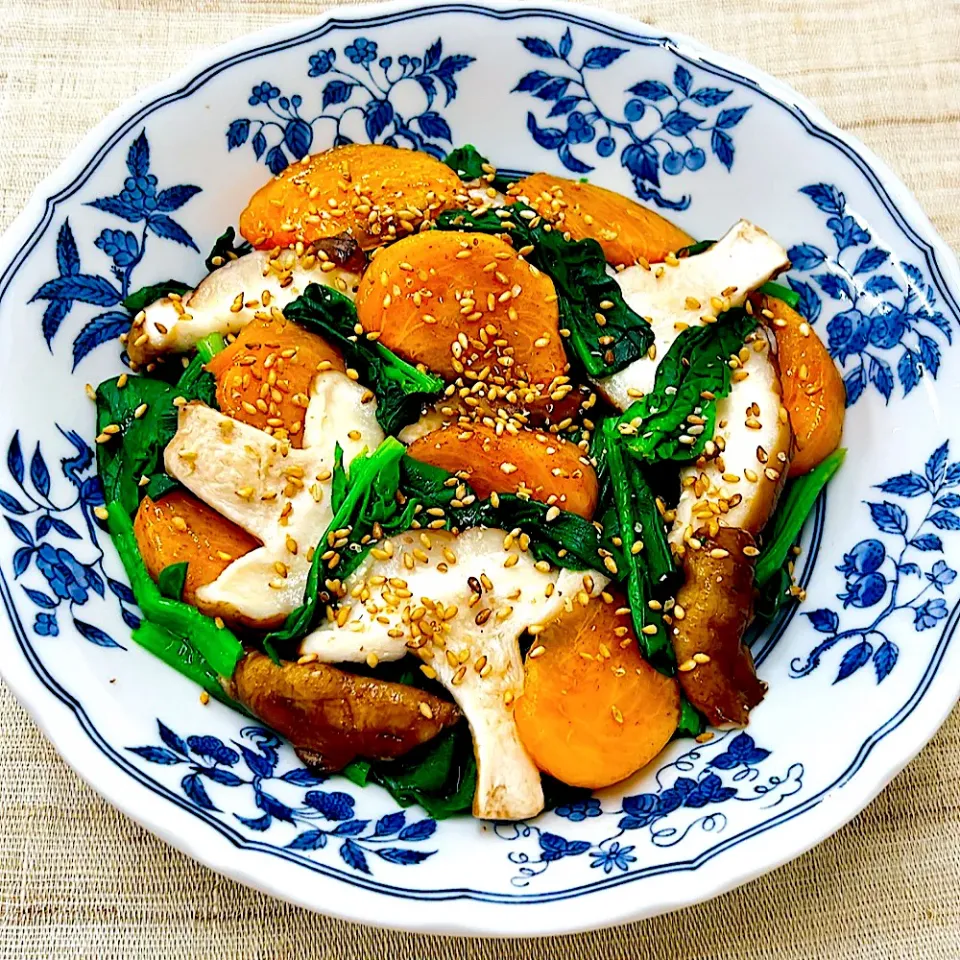 柿とどんことほうれん草のお浸し|まめもにおさん