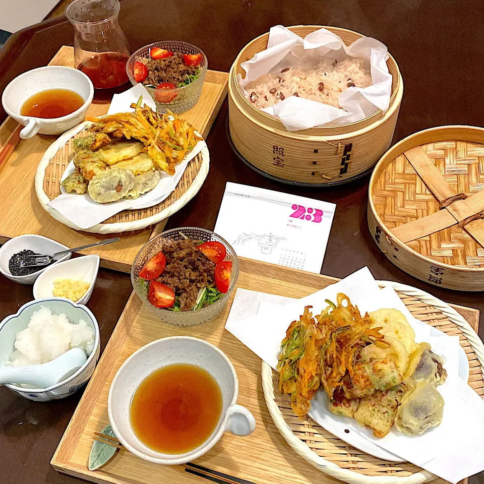 かき揚げ、お赤飯|papinさん