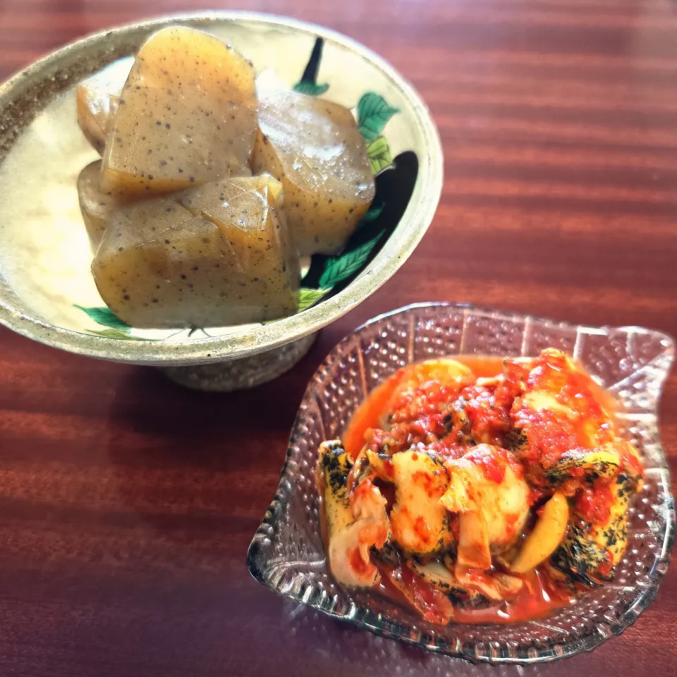 つぶ貝のキムチタレ和え、こんにゃく煮|aoiさん