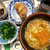 力餅うどん、ほうれん草お浸し、がんもの昼食|こむぎこさん