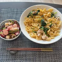 豚バラとほうれん草のにんにくパスタ・カブの浅漬け| a-parkさん