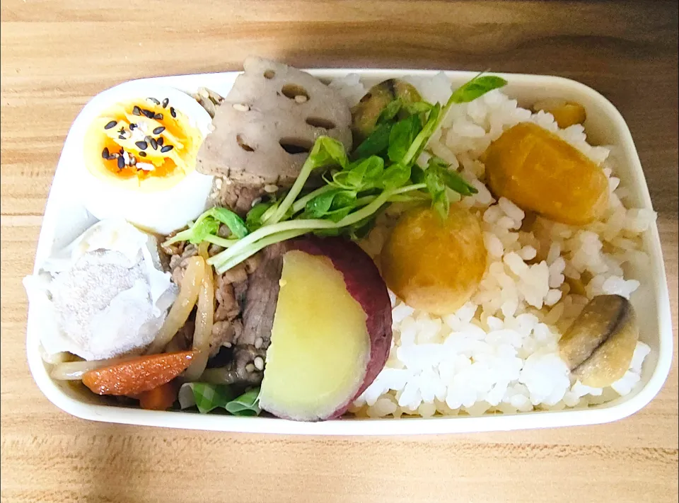 #弁当　無印良品の栗ご飯　牛肉のレンコン甘辛炒め　ホクホク炊飯器さつまいも　豆苗　冷凍焼売|まな☆さん