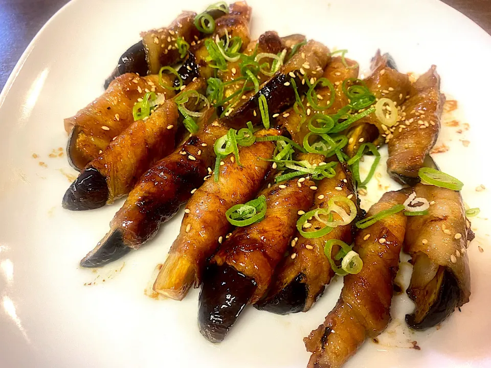 茄子の豚バラ巻き　甘辛ソース和え|単身赴任のっちさん