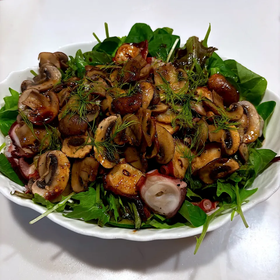 タコときのこの温サラダ フレッシュディル添え|ぶりぞうさん