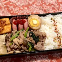 2025.11.25 息子弁当　◎牛肉小松菜オイスター炒め　◎煮卵　◎焼き厚揚げ　◎焼き芋　◎ポークハム|goroさん