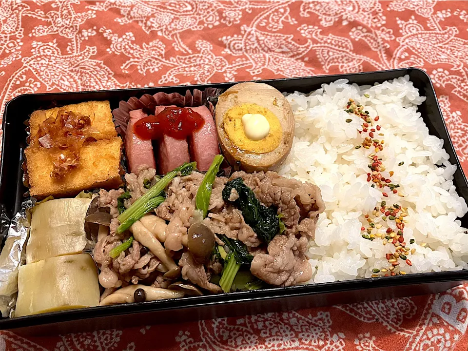 2025.11.25 息子弁当　◎牛肉小松菜オイスター炒め　◎煮卵　◎焼き厚揚げ　◎焼き芋　◎ポークハム|goroさん