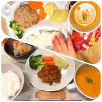 夕食（11/25)
＊ハンバーグ
＊付け合わせ
＊かぼちゃポタージュ
＊大根の煮物
＊ごはん|さっちんさん