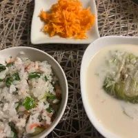 白身魚白菜ロール、桜えびセロリピラフ|たこさん