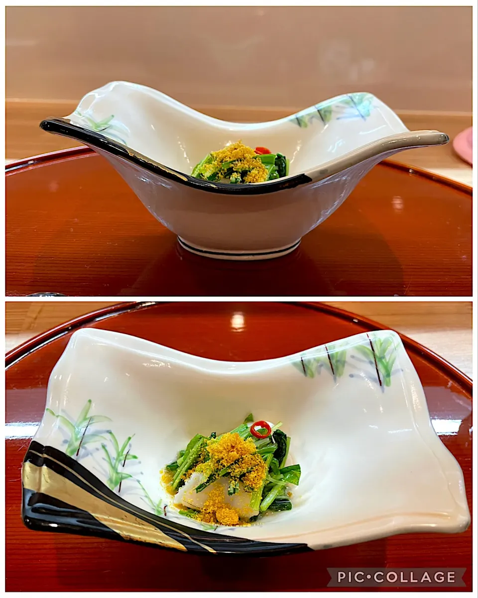 箸休　壬生菜と帆立の和え物、からすみパウダー|こいちさん