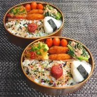 母とムスコのラブラブおソロ♪イカえびカツ＆タアサイとツナのうまつゆ和え弁当
