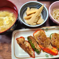 卵スープ、ピーマン肉詰め、筍煮、もやしナムル|みーさん