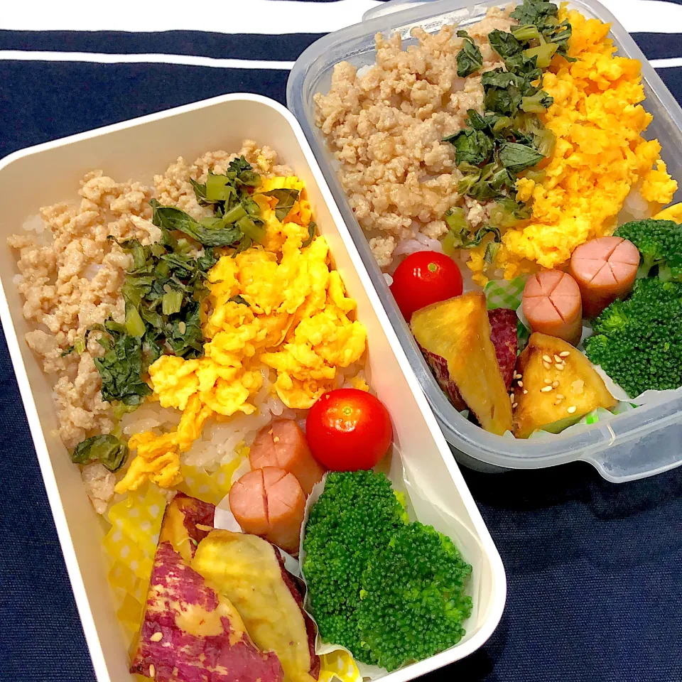 鶏とたまごそぼろ、大根の葉炒め、大学芋、ブロッコリー、ミニトマト、ウインナー|きらきらさん