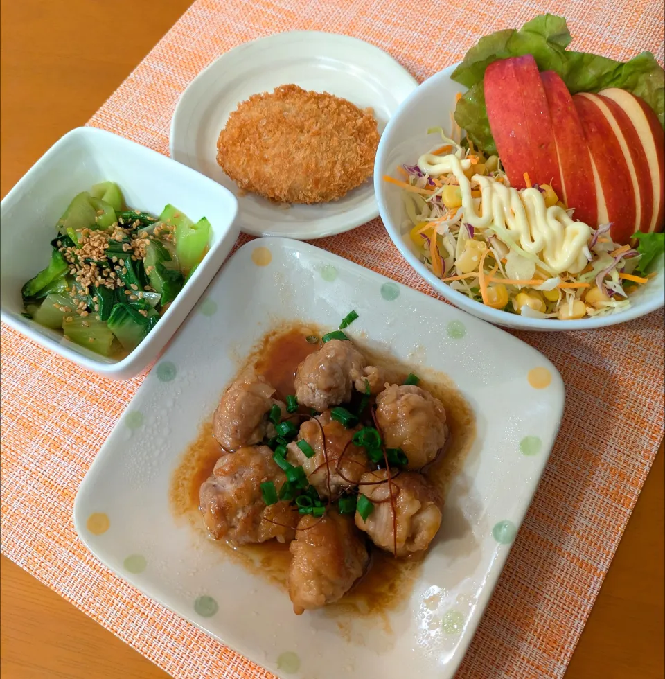 ☆豚リンチ　☆チンゲンサイ中華和え　☆おからコロッケ　☆サラダ|chikakoさん