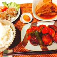 肉団子のケチャップ甘酢あえ、エイの煮付け、しゅうまい、明太子、ごはん| samさん