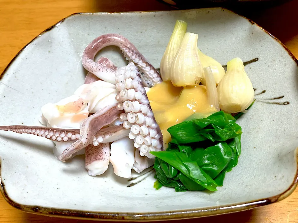 巨大アオリイカのゲソとミミを頂いたので、ゲソを半分だけ使って、コレまた頂き物の分葱でアオリイカのヌタ|🐈⸒⸒⸒⸒つるのダンス🐈🐾さん