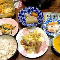 豚肩ロースとキャベツの中華卵炒め　かぼちゃのポタージュ　かぶの紅白なます　おでん　小松菜の焼きシチュー|おさむん17さん