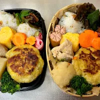 #毎日のお弁当記録。油揚げを衣にした厚揚げハンバーグ、鶏肉と里芋塩麹煮、ピーマンはちぎってチンして塩昆布あえ。|じゅんちゃんさん