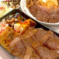 おっさん弁当&ワンプレート　漬け物　ひじき　サラダ　うどん好き　目玉の親父　焼き肉　汁| ひげおやじさん