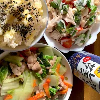 さつまいもご飯＆豚バラと白菜の中華炒め＆蒸し鶏とチーズのサラダ| のんさんさん