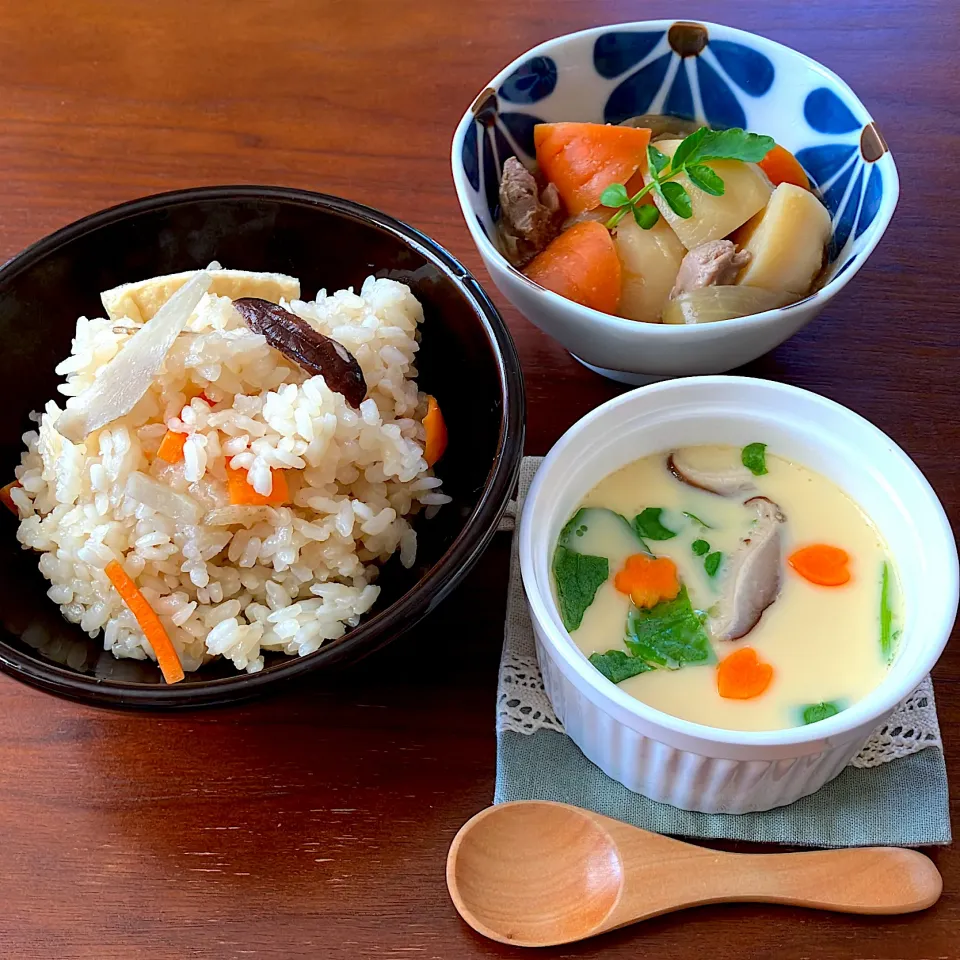 鴨三昧 (肉じゃが・炊き込みご飯・茶碗蒸し)|紅茶とお菓子と時々ごはんさん