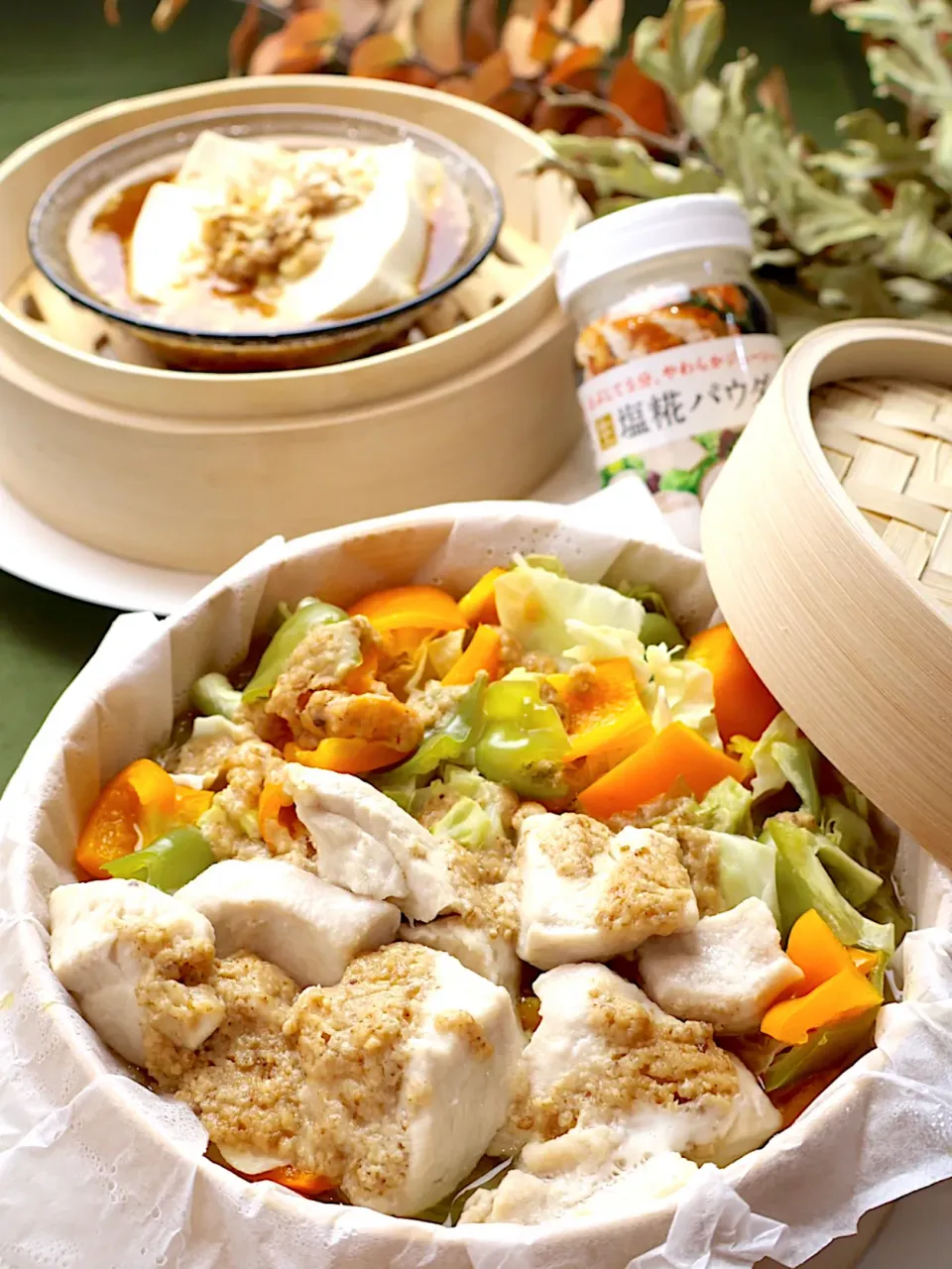 鶏ムネ肉とキャベツのせいろ蒸し ごま味噌ダレ|めいめいさん