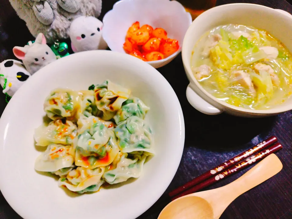 春菊餃子、鶏肉と白菜の春雨スープ、らっきょうキムチ|サトリさん