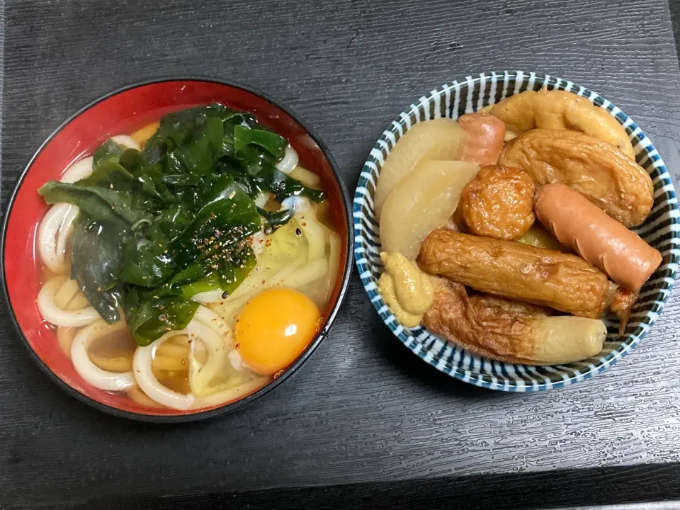 おでん＆おでん出汁で月見うどん|まちゃさん