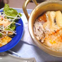 鍋焼きうどん🥚🐤入り　ひとくち餃子|さゆさん