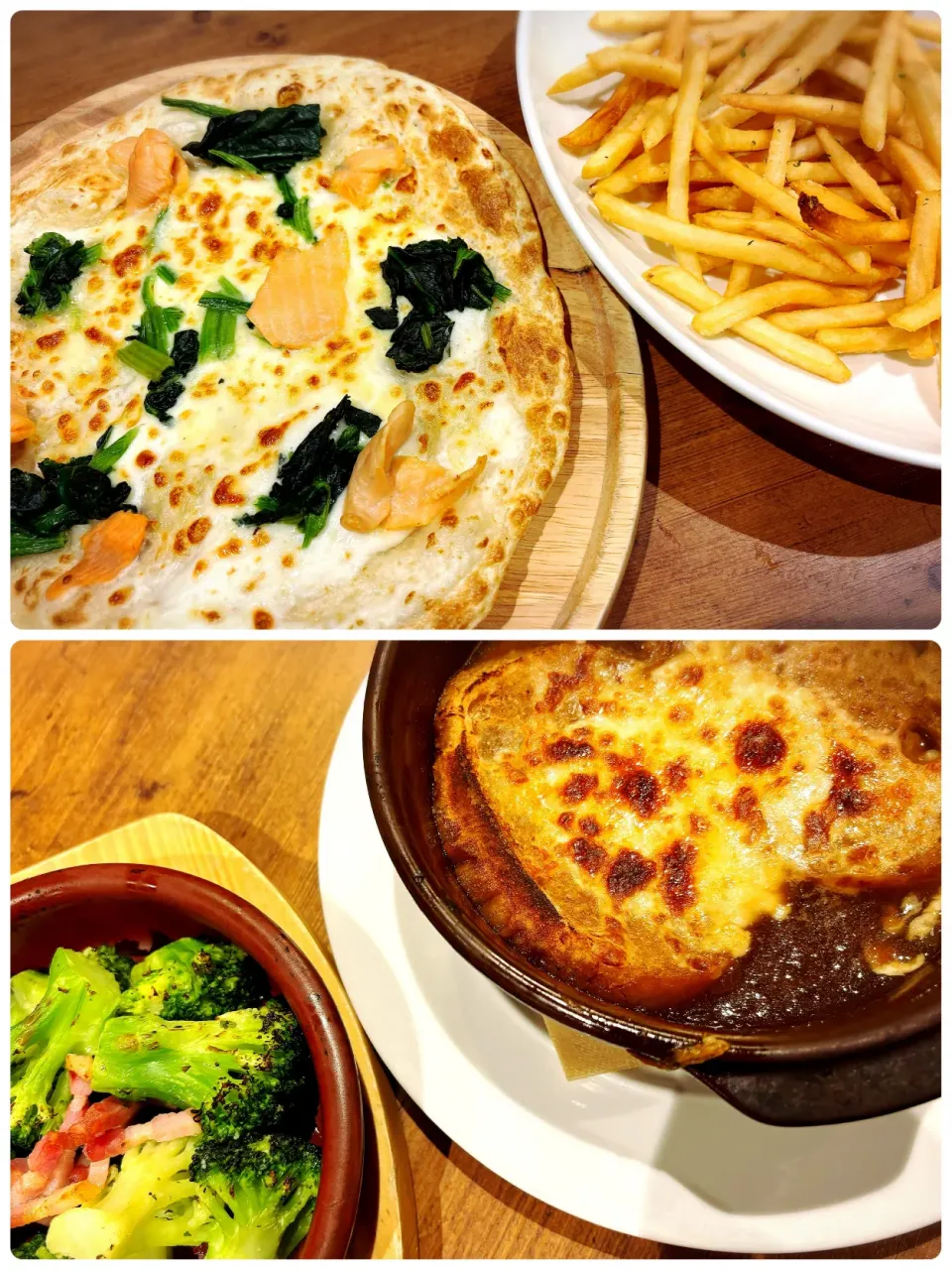 ピッツァ・サーモンマヨ＋〜トリュフ香る〜フレンチフライ＋ブロッコリーのガーリックバターソテー＋オニオングラタンスープ ¥2,046|Blue Moon Caféさん