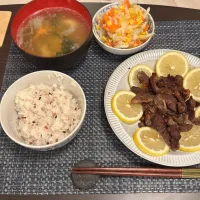 豚ハラミの黒胡椒焼き・ポテトサラダ・里芋とワカメの味噌汁・古代米|a-parkさん