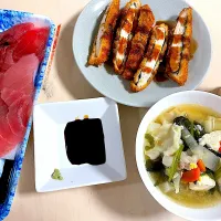ワンタンスープ、きはだマグロ刺身、チキンのシソ巻きフライ|pepiさん