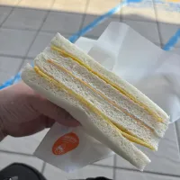 駅のパン屋さんで買いました。薄い卵焼きとチーズと生クリームのサンドイッチでした。フルーツサンドみたいなイメージかな。|Tenさん