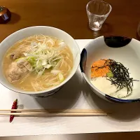 かしわ味噌うどんと信州サーモン山掛け丼|しのぶさん