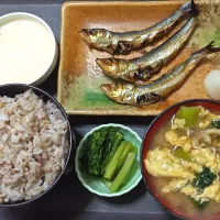 今日の朝ごはん（十五穀ごはんにめざし（いわしの丸干し）、とろろ、ちぢみ雪菜と舞茸と卵のみそ汁、野沢菜漬）|Mars＠釜飯作り研究中さん