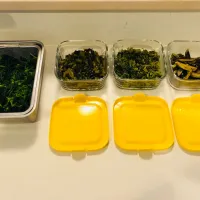 茹でほうれん草、高菜の油炒め、蕪の葉のふりかけ、茄子の油炒め|タロッカ主夫見習いさん