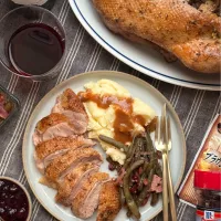 ハーブバターローストダック、グリーンビーンズ、マッシュポテト 、グレービーソース|まる(丸大豆)さん