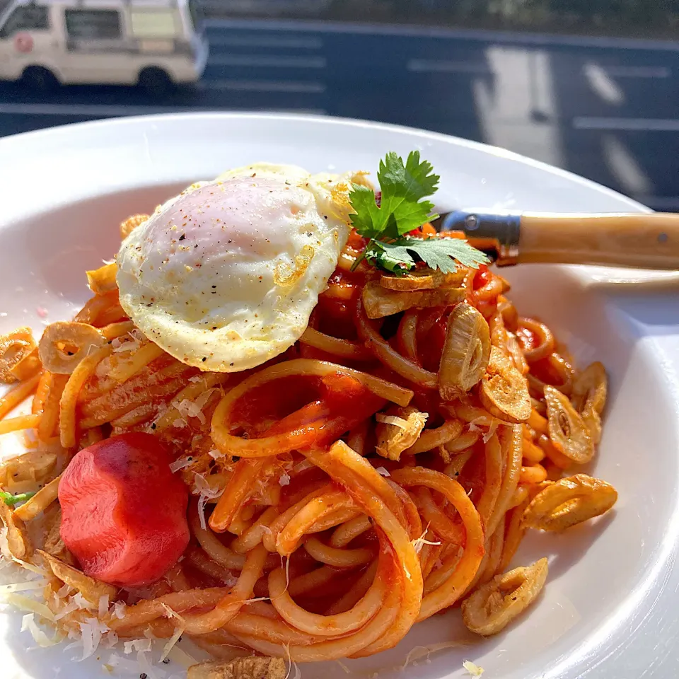 目玉焼きのせトマト＆ガーリックスパゲッティ|Kさん