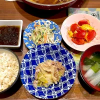 白菜と豚肩ロースのすき焼き風煮　大根とわかめの味噌汁　トマトと卵の中華風炒め　ごぼうサラダ　もずく酢|おさむん17さん