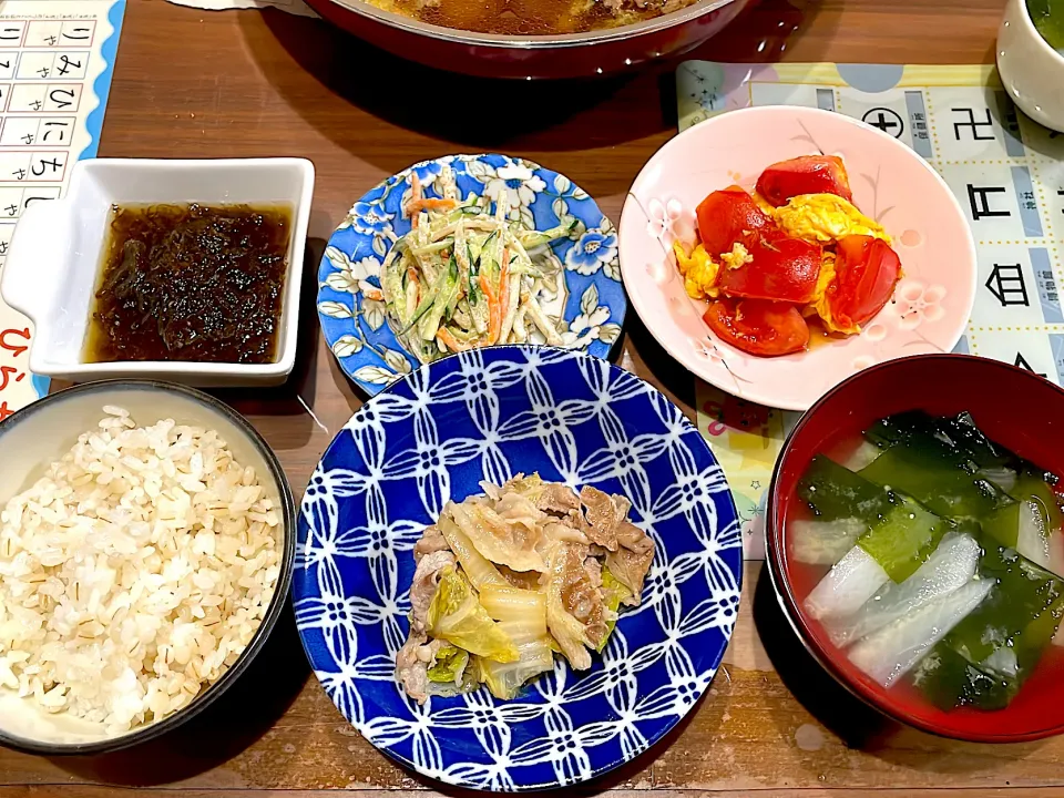 白菜と豚肩ロースのすき焼き風煮　大根とわかめの味噌汁　トマトと卵の中華風炒め　ごぼうサラダ　もずく酢|おさむん17さん