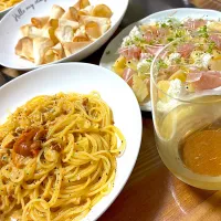 塩水ウニdeクリームパスタ&りんごと生ハムとモッツァレラのカプレーゼ|えみりんさん