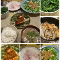 鯛の照り焼き、ほうれん草のお浸し、豚汁鯛のお刺身、鯛の胡麻和えなど|amiさん