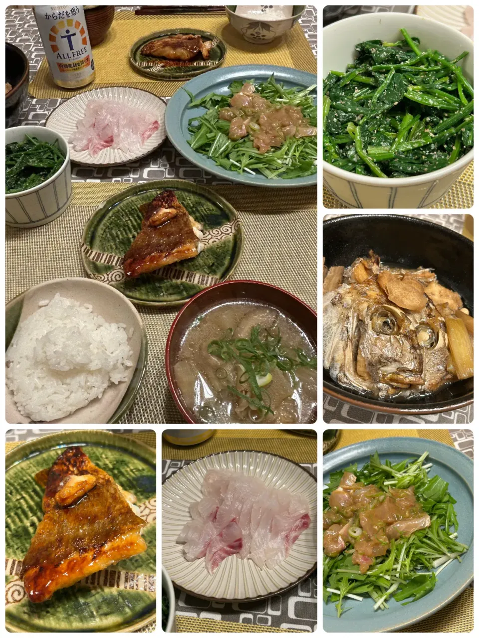 鯛の照り焼き、ほうれん草のお浸し、豚汁鯛のお刺身、鯛の胡麻和えなど|amiさん