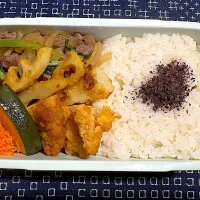 牛皿、チキン南蛮、ちくわレンコンカレー焼き、にんじんナムル、蒸しかぼちゃ|おかーたまさん