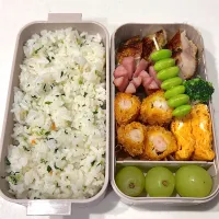 カツレツ
海老フライ
シャウエッセン
卵焼き
ブロッコリー
枝豆
鮭若菜ごはん
シャインマスカット|ayumomさん