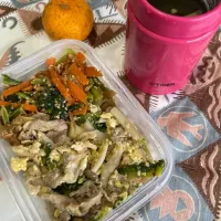 豚肉ゴーヤチャンプル、小松菜とにんじんのナムル、ザーサイ、ご飯、味噌汁(わかめ、高野豆腐、オクラ)、みかん| pandavさん