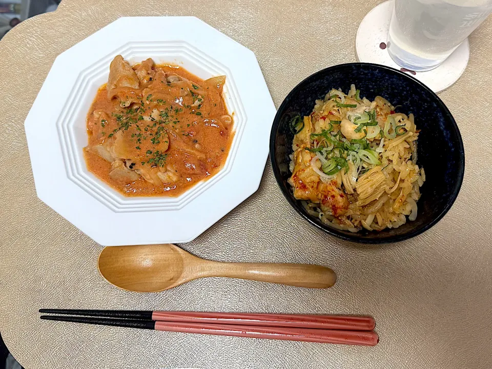 チキンとトマトのクリーム煮🍅と炊飯器でビビンバ風ご飯🍚|S h i z🦋さん