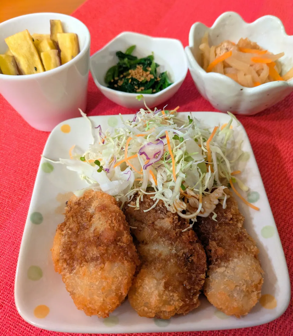 ☆アジ大葉フライ　☆春菊ごま和え　☆切り干し大根とあげの煮物　☆ステック大学芋|chikakoさん