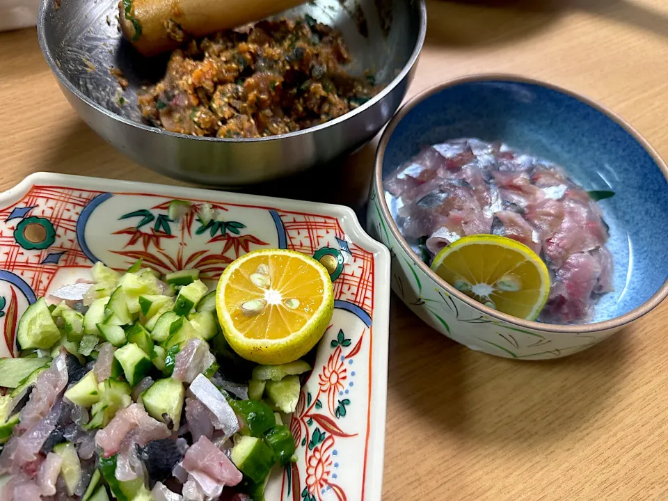 （釣）アジ3点セット　刺身　タタキ　ナメロウ|さくたろうさん